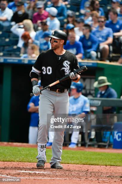 Nicky Delmonico of the Chicago White Sox prepares to hit against the Kansas City Royals at Kauffman Stadium on April 29, 2018 in Kansas City,...