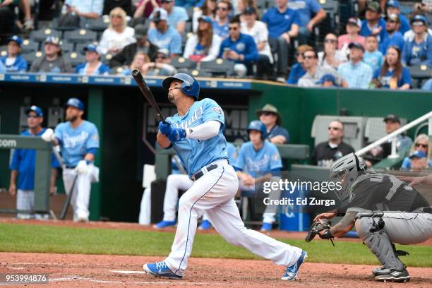 Cheslor Cuthbert of the Kansas City Royals hits against the Chicago White Sox at Kauffman Stadium on April 29, 2018 in Kansas City, Missouri. Cheslor...