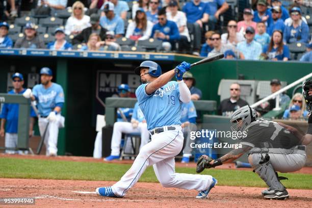 Cheslor Cuthbert of the Kansas City Royals hits against the Chicago White Sox at Kauffman Stadium on April 29, 2018 in Kansas City, Missouri. Cheslor...