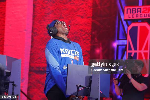 Of Knicks Gaming yells and celebrates against Wizards District Gaming during the NBA 2K League Tip Off Tournament on May 2, 2018 at Brooklyn Studios...