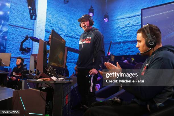 Boo Painter of Wizards District Gaming celebrates a play against Knicks Gaming during the NBA 2K League Tip Off Tournament on May 2, 2018 at Brooklyn...