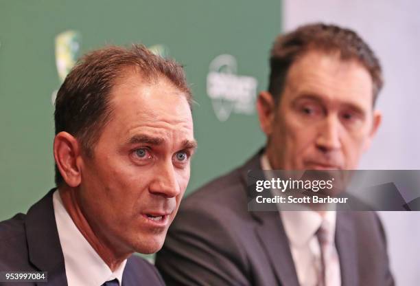 Cricket Australia CEO James Sutherland and Justin Langer, coach of Australia speak to the media during a press conference on May 3, 2018 in...