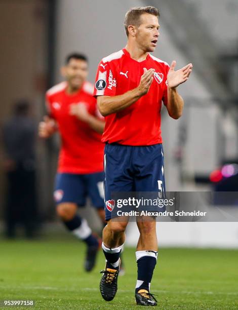 Nicolas Domingo of Independiente of Argentina celebrates after scoring their second goal during the match against Corinthians for the Copa CONMEBOL...