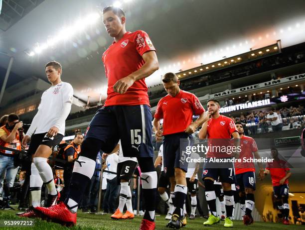 Players of Corinthians of Brazil and of Independiente of Argentina enter the field before the match for the Copa CONMEBOL Libertadores 2018 at Arena...