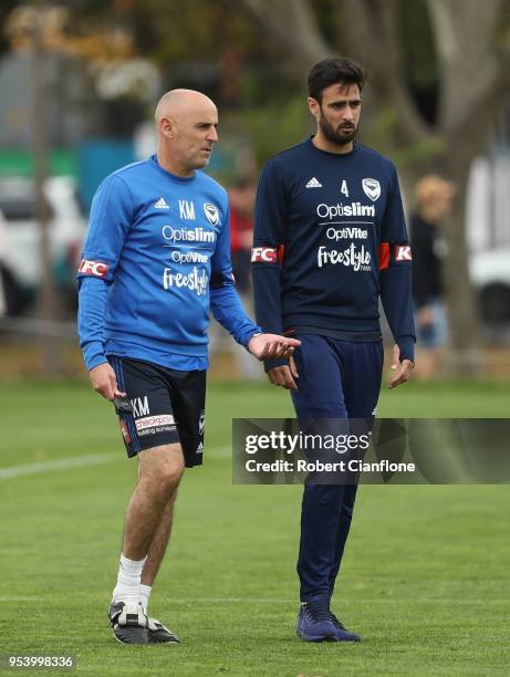 Victory coach Kevin Muscat speaks with Rhys Williams of the Victory during a Melbourne Victory A-League training session at Gosch's Paddock on May 3,...