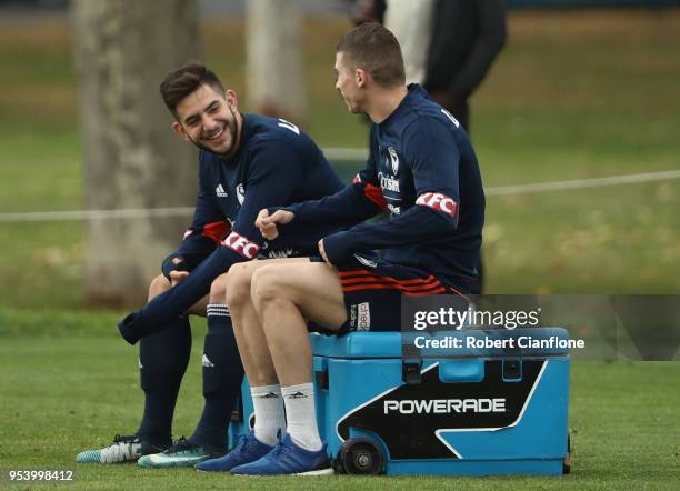 Christian Theoharous and Mitch Austin of the Victory look on during a Melbourne Victory A-League training session at Gosch's Paddock on May 3, 2018...