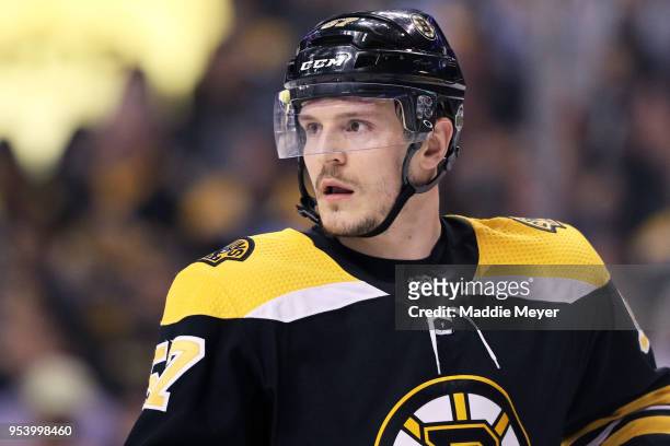 Tommy Wingels of the Boston Bruins looks on during the second period of Game Three of the Eastern Conference Second Round during the 2018 NHL Stanley...
