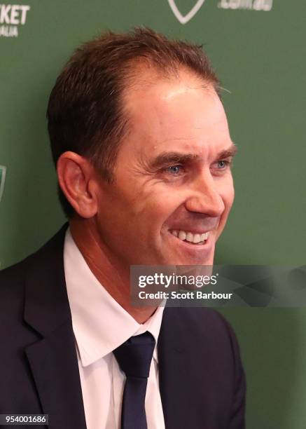 Justin Langer, coach of Australia speaks to the media during a press conference on May 3, 2018 in Melbourne, Australia. Langer has been appointed the...