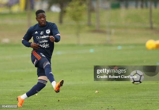 Leroy George of the Victory kicks the ball during a Melbourne Victory A-League training session at Gosch's Paddock on May 3, 2018 in Melbourne,...