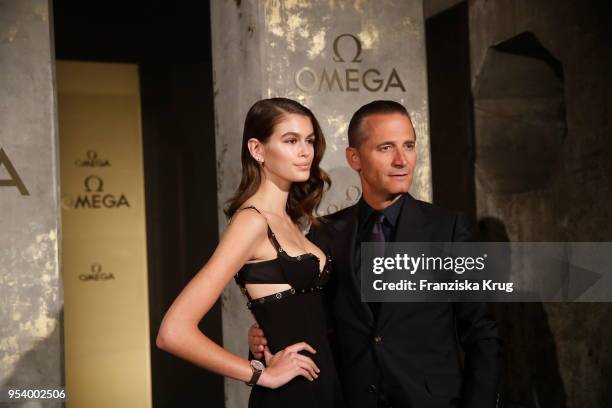 Model Kaia Gerber and Raynald Aeschlimann, CEO and president of OMEGA attend the OMEGA Tresor Event at Kraftwerk Mitte on May 2, 2018 in Berlin,...