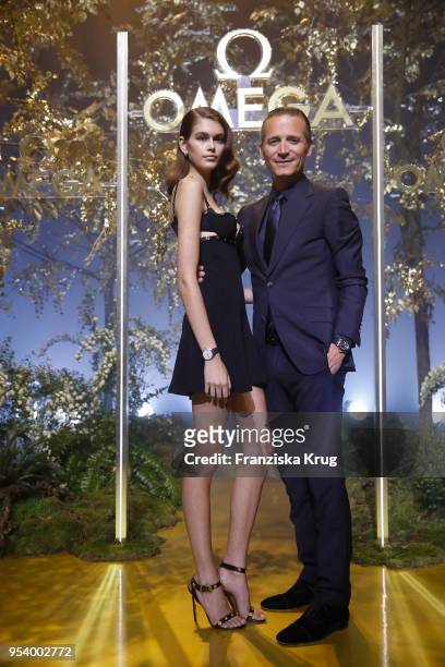 Model Kaia Gerber and Raynald Aeschlimann, CEO and president of OMEGA attend the OMEGA Tresor Event at Kraftwerk Mitte on May 2, 2018 in Berlin,...
