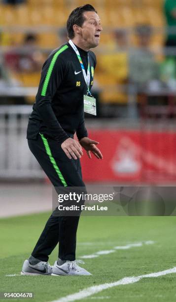 Head coach of Beijing Guoan Roger Schmidt react during 2018 China Football Association Cup match between Beijing Guoan and Tianjin Teda at Workers...