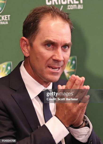 Justin Langer, coach of Australia speaks to the media during a press conference on May 3, 2018 in Melbourne, Australia. Langer has been appointed the...