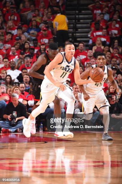 Dante Exum of the Utah Jazz handles the ball against the Houston Rockets in Game Two of Round Two of the 2018 NBA Playoffs on May 2, 2018 at Toyota...