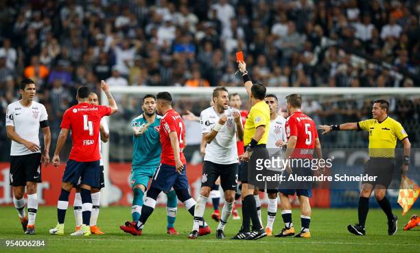 Emerson Sheik of Corinthians of Brazil receives the red card during the match for the Copa CONMEBOL Libertadores 2018 at Arena Corinthians Stadium on...