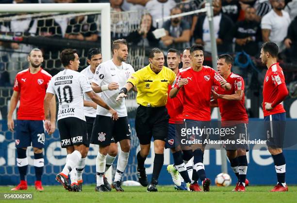 Pablo Escobar of Corinthians of Brazil and Xina of Independiente of Argentina in action during the match for the Copa CONMEBOL Libertadores 2018 at...