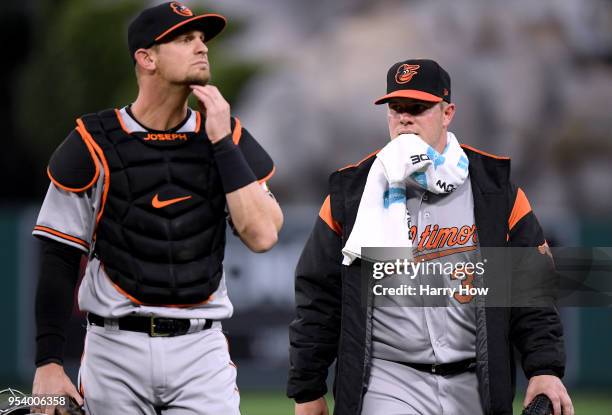 Starting pitcher Dylan Bundy of the Baltimore Orioles makes his way to the dugout with Caleb Joseph before the game against the Los Angeles Angels at...