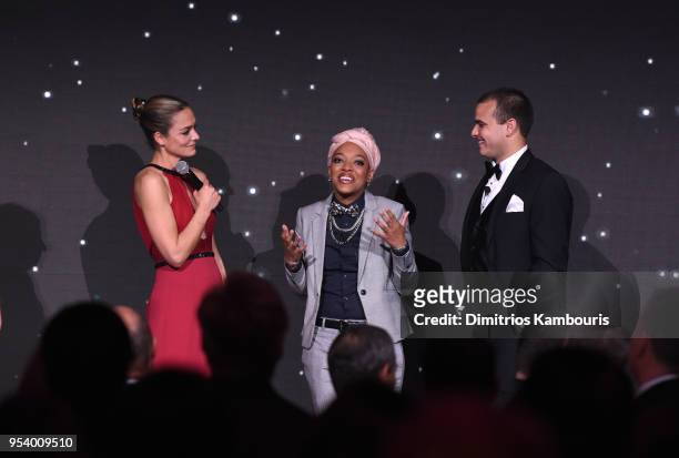 Founder Katharina Harf, Patient Marcus Cato greet donor Matene Cates on stage during The DKMS Love Gala 2018 at Cipriani Wall Street on May 2, 2018...