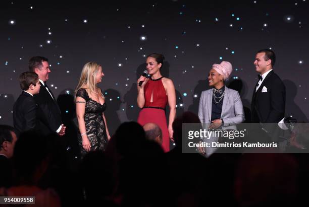Founder Katharina Harf Patient Marcus Cato and his family and donor Matene Cates speak on stage during The DKMS Love Gala 2018 at Cipriani Wall...