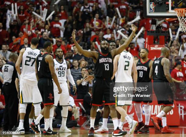 James Harden of the Houston Rockets celebrates in the second half during Game Two of the Western Conference Semifinals of the 2018 NBA Playoffs...