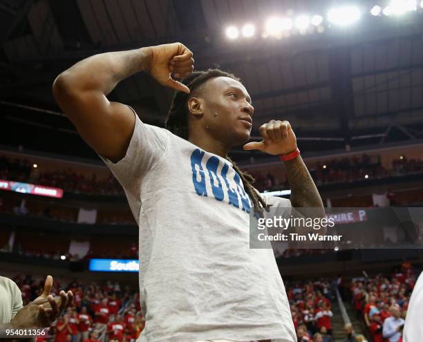DeAndre Hopkins of the Houston Texans reacts in the second half during Game Two of the Western Conference Semifinals of the 2018 NBA Playoffs between...