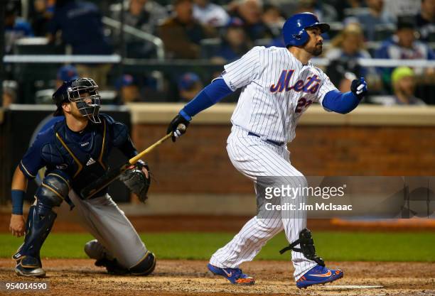 Adrian Gonzalez of the New York Mets in action against the Milwaukee Brewers at Citi Field on April 13, 2018 in the Flushing neighborhood of the...