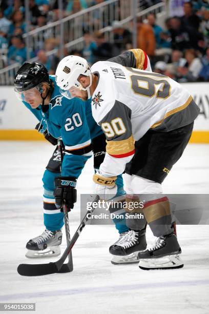 Marcus Sorensen of the San Jose Sharks and Tomas Tatar of the Vegas Golden Knights get ready in Game Four of the Western Conference Second Round...