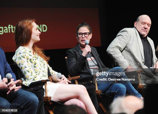 Producer Kylene Steele, actors Maura Tierney and John Carroll Lynch speak onstage during SAG-AFTRA Foundation Conversations: 'Anything' at The Robin...