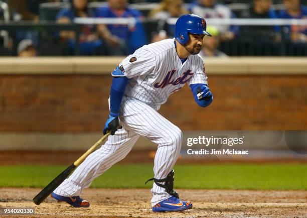 Adrian Gonzalez of the New York Mets in action against the Milwaukee Brewers at Citi Field on April 13, 2018 in the Flushing neighborhood of the...