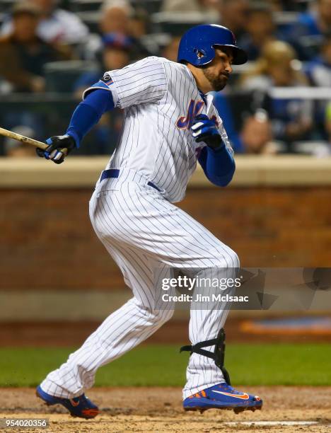 Adrian Gonzalez of the New York Mets in action against the Milwaukee Brewers at Citi Field on April 13, 2018 in the Flushing neighborhood of the...