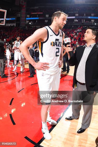 Joe Ingles of the Utah Jazz speaks with media after the game against the Houston Rockets in Game Two of Round Two of the 2018 NBA Playoffs on May 2,...