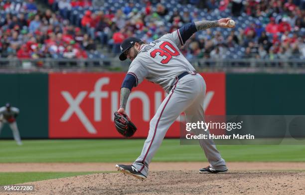 Peter Moylan of the Atlanta Braves throws a pitch during a game against the Philadelphia Phillies at Citizens Bank Park on April 29, 2018 in...