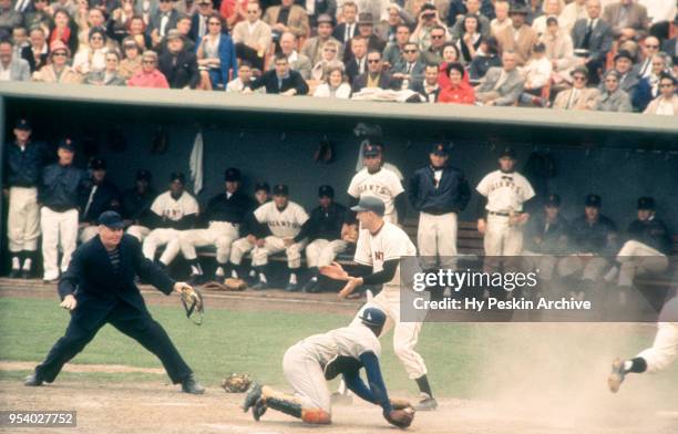 Felipe Alou of the San Francisco Giants slides home as catcher John Roseboro of the Los Angeles Dodgers misses the tag as umpire Tom Gorman calls...