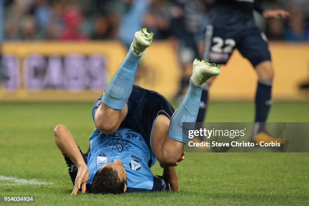 Deyvison Rogerio da Silva, Bobo of Sydney takes a tumble during the A-League Semi Final match between Sydney FC and Melbourne Victory at Allianz...