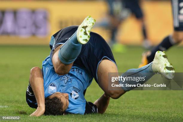 Deyvison Rogerio da Silva, Bobo of Sydney takes a tumble during the A-League Semi Final match between Sydney FC and Melbourne Victory at Allianz...