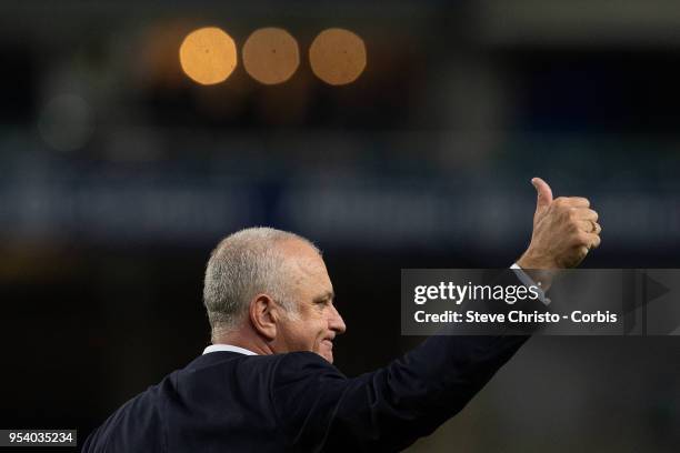 Graham Arnold of Sydney thanks the fans for the last time as Sydney FC coach after the A-League Semi Final match between Sydney FC and Melbourne...