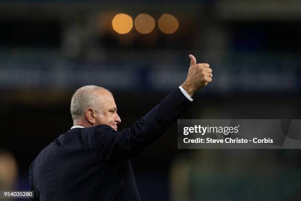 Graham Arnold of Sydney thanks the fans for the last time as Sydney FC coach after the A-League Semi Final match between Sydney FC and Melbourne...