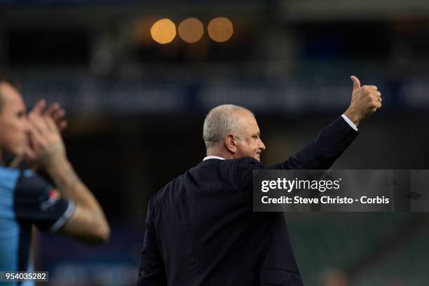 Graham Arnold of Sydney thanks the fans for the last time as Sydney FC coach after the A-League Semi Final match between Sydney FC and Melbourne...