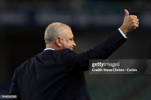 Graham Arnold of Sydney thanks the fans for the last time as Sydney FC coach after the A-League Semi Final match between Sydney FC and Melbourne...