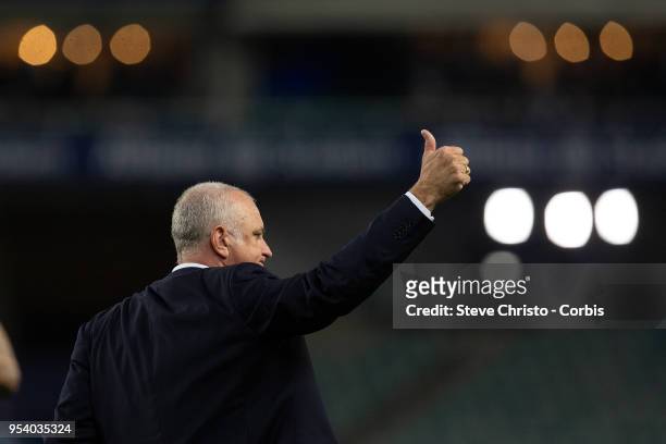 Graham Arnold of Sydney thanks the fans for the last time as Sydney FC coach after the A-League Semi Final match between Sydney FC and Melbourne...