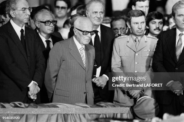 Le président italien Sandro Pertini assiste aux obsèques des victimes des attentats de Bologne le 6 aout 1980, Italie.