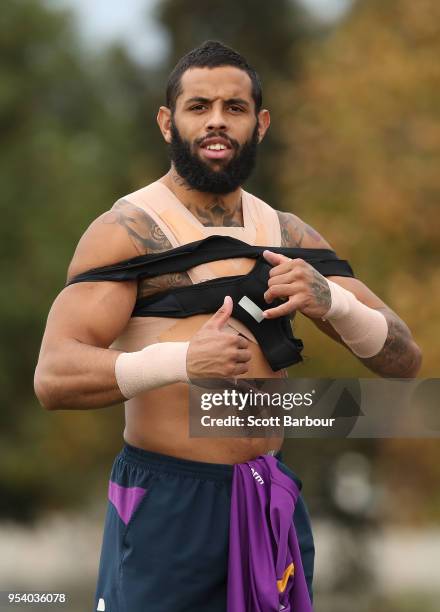 Josh Addo-Carr of the Melbourne Storm looks on during a Melbourne Storm NRL training session at Gosch's Paddock on May 3, 2018 in Melbourne,...