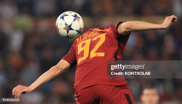 Roma's Italian striker Stephan El Shaarawy heads the ball during the UEFA Champions League semifinal second leg football match AS Roma vs Liverpool...