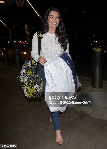 Auli'i Cravalho is seen at LAX on May 02, 2018 in Los Angeles, California.