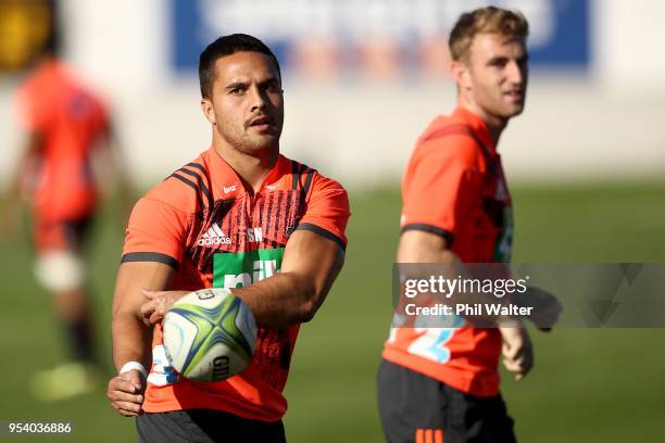 Sam Nock of the Blues passes during a Blues Super Rugby training session at Alexandra Park on May 3, 2018 in Auckland, New Zealand.