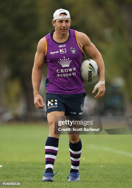 Billy Slater of the Melbourne Storm looks on during a Melbourne Storm NRL training session at Gosch's Paddock on May 3, 2018 in Melbourne, Australia.