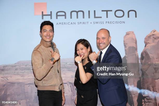 Actor Daniel Henney, Hamilton watch brand manager Chang Won-Sun and Hamilton watch CEO, Sylvain Dolla attend the photocall for the 'HAMILTON Watch...