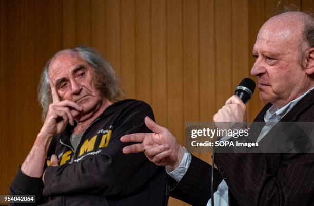 The musicians, singers and authors Pau Riba and Jaume Sisa are seen on stage during the talk Music and Counterculture May 68 at the Ateneu...