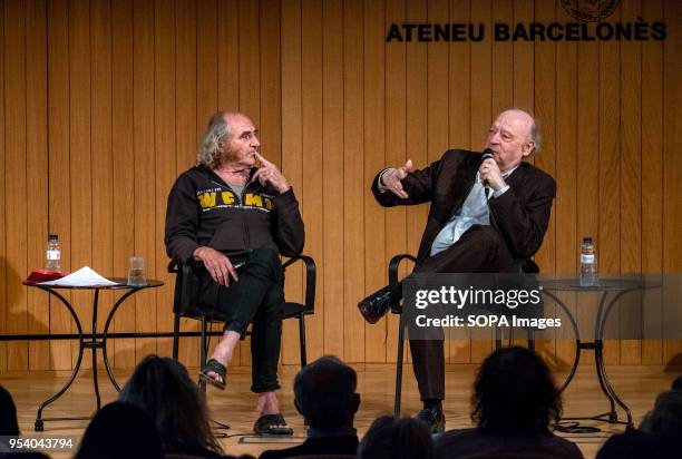 The musicians, singers and authors Pau Riba and Jaume Sisa are seen on stage during the talk Music and Counterculture May 68 at the Ateneu...