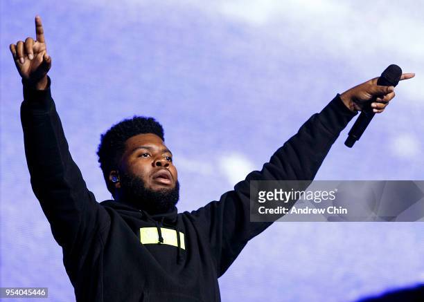 American singer-songwriter Khalid performs on stage at Pepsi Live at Rogers Arena on May 2, 2018 in Vancouver, Canada.